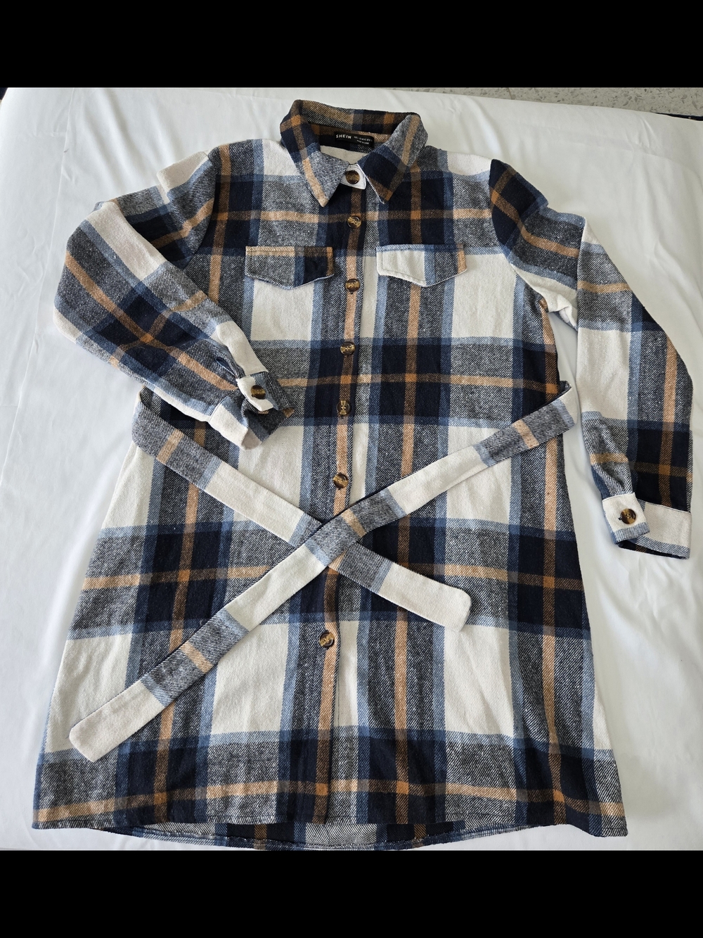 SHEIN Flannel Shirt Jacket Dress with Belt LARGE Plaid Modern Relaxed Casual
